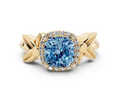 Fancy Blue Cushion Cut Diamond Halo Floral Band Ring Set in Yellow gold with Prong Setting