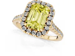 Fancy Yellow Emerald Cut Diamond Cushion Halo Ring Set in Yellow gold with Pavé Band