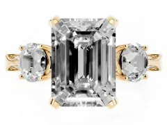 Fancy Blue Emerald Cut Diamond Three-Stone Ring Set in Yellow gold with Pavé Band and Smaller Side Stones