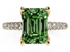 Fancy Green Emerald Cut Diamond Solitaire Ring Set in Yellow gold with Brilliant Pavé Band and Prong Setting
