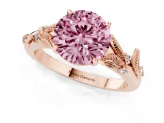 Fancy Pink Round Cut Diamond Solitaire Ring Set in Rose gold with Leaf Motif Band