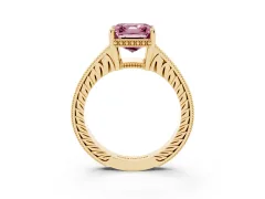 Fancy Pink Asscher Cut Diamond Solitaire Pavé Milgrain Engagement Ring Set in Yellow gold with Prong Setting