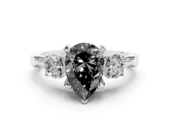 Fancy Black Pear Cut Diamond Three-Stone Ring Set in Silver with Pavé Band and Smaller Side Stones