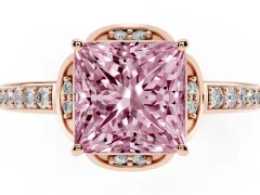 Fancy Pink Princess Cut Diamond Halo Ring Set in Rose gold with Channel Set Band and Prong Setting