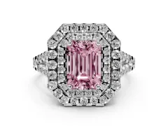 Fancy Pink Emerald Cut Diamond Double Halo Ring Set in White gold with Pavé Split Shank and Prong Setting