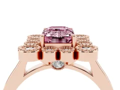 Fancy Pink Emerald Cut Diamond Cluster Halo Ring Set in Rose gold with Milgrain Bezel Accents and Plain Band