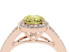 Fancy Yellow Oval Cut Diamond Halo Split Shank Pavé Ring Set in Rose gold with Prong Setting