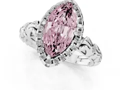 Fancy Pink Marquise Cut Diamond Halo Ring Set in Silver with Filigree Leaf Band and Prong Setting