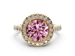 Fancy Pink Round Cut Diamond Halo Ring Set in Yellow gold with Pavé Shank and Prong Setting