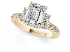 Emerald Cut Diamond Three-Stone Pavé Ring Set in Yellow gold with Prong Setting