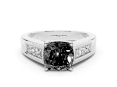 Fancy Black Cushion Cut Diamond Solitaire Ring Set in Platinum with Channel-Set Accent Stones and Prong Setting