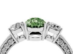 Fancy Green Pear Cut Diamond Three-Stone Ring Set in Platinum with Round Side Stones and Pavé Band