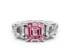Fancy Pink Asscher Cut Diamond Three-Stone Ring Set in White gold with Pavé Band