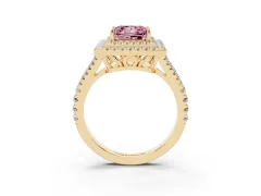 Fancy Pink Princess Cut Diamond Double Halo Ring Set in Yellow gold with Pavé Band