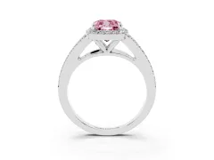 Fancy Pink Cushion Cut Diamond Halo Split Shank Pavé Ring Set in White gold with Prong Setting