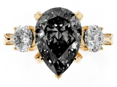 Fancy Black Pear Cut Diamond Three-Stone Ring Set in Yellow gold with Pavé Band and Smaller Side Stones