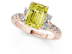 Fancy Yellow Emerald Cut Diamond Three-Stone Pavé Ring Set in Rose gold with Prong Setting