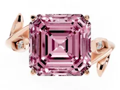 Fancy Pink Asscher Cut Diamond Solitaire Twist Engagement Ring Set in Rose gold with Pavé Leaf Accents