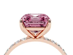 Fancy Pink Asscher Cut Diamond Solitaire Engagement Ring Set in Rose gold with Round Pavé Band and Prong Setting