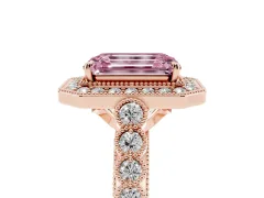 Fancy Pink Emerald Cut Diamond Milgrain Halo Solitaire Ring Set in Rose gold with Bezel Set Side Stones and Pavé Band