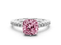 Fancy Pink Cushion Cut Diamond Solitaire Engagement Ring Set in White gold with Pavé Band and Prong Setting