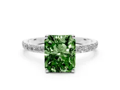 Fancy Green Radiant Cut Diamond Solitaire Engagement Ring Set in White gold with Round Pavé Band and Prong Setting