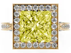 Fancy Yellow Princess Cut Diamond Halo Engagement Ring Set in Yellow gold with Accent Split Shank Band