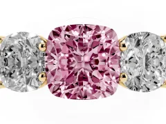 Fancy Pink Cushion Cut Diamond Three-Stone Ring Set in Yellow gold with Plain Polished Band