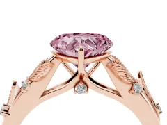 Fancy Pink Heart Cut Diamond Solitaire Ring Set in Rose gold with Leaf Motif Band