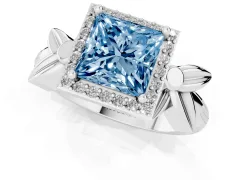 Fancy Blue Princess Cut Diamond Halo Floral Band Ring Set in White gold with Prong Setting