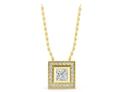 Princess Cut Square Halo Pendant Set in Yellow gold with Bezel Setting and Side Detail
