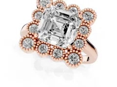 Asscher Cut Diamond Cluster Halo Ring Set in Rose gold with Milgrain Bezel Accents and Plain Band