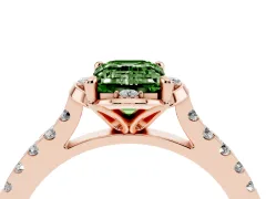 Fancy Green Emerald Cut Diamond Solitaire Ring Set in Rose gold with Pavé Band and Floral Prong Setting
