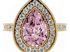 Fancy Pink Pear Cut Diamond Halo Milgrain Pavé Band Ring Set in Yellow gold with Prong Setting
