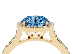 Fancy Blue Round Cut Diamond Halo Engagement Ring Set in Yellow gold with Round Pavé Shoulders and Heart Gallery