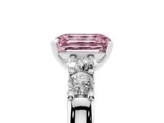 Fancy Pink Emerald Cut Diamond Five-Stone Prong Set Engagement Ring Set in White gold with Channel Band