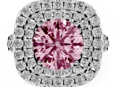 Fancy Pink Round Cut Diamond Double Halo Ring Set in White gold with Pavé Split Shank and Prong Setting