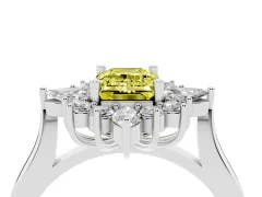 Fancy Yellow Emerald Cut Diamond Cluster Halo Ring Set in Silver with Marquise and Round Accents