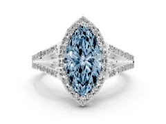 Fancy Blue Marquise Cut Diamond Halo Split Shank Pavé Ring Set in Platinum with Prong Setting