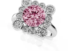 Fancy Pink Round Cut Diamond Cluster Halo Ring Set in White gold with Milgrain Bezel Accents and Plain Band