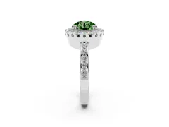 Fancy Green Round Cut Diamond Halo Ring Set in White gold with Pavé Shank and Prong Setting