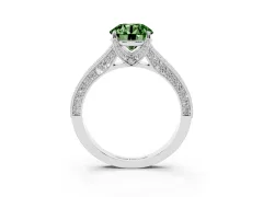 Fancy Green Round Cut Diamond Solitaire Ring Set in White gold with Milgrain-Edged Pavé Band and Prong Setting