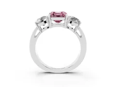 Fancy Pink Asscher Cut Diamond Three-Stone Ring Set in White gold with Round Side Stones and Classic Band