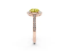 Fancy Yellow Round Cut Diamond Halo Ring Set in Rose gold with Pavé-Lined Shoulders and Prong Setting