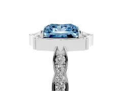 Fancy Blue Princess Cut Diamond Halo Engagement Ring Set in White gold with Milgrain Band and Prong Setting