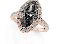 Fancy Black Marquise Cut Diamond Halo Pavé Engagement Ring Set in Rose gold with Prong Setting