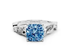 Fancy Blue Cushion Cut Diamond Vine Band Solitaire Ring Set in Platinum with Milgrain Prong Setting