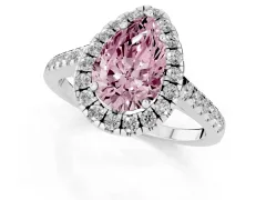 Fancy Pink Pear Cut Diamond Pavé Halo Engagement Ring Set in White gold with Pavé Band and Prong Setting