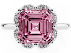 Fancy Pink Asscher Cut Diamond Round Cluster Halo Ring Set in Silver with Solitaire Band and Prong Setting