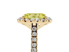 Fancy Yellow Emerald Cut Diamond Cushion Halo Ring Set in Yellow gold with Pavé Band